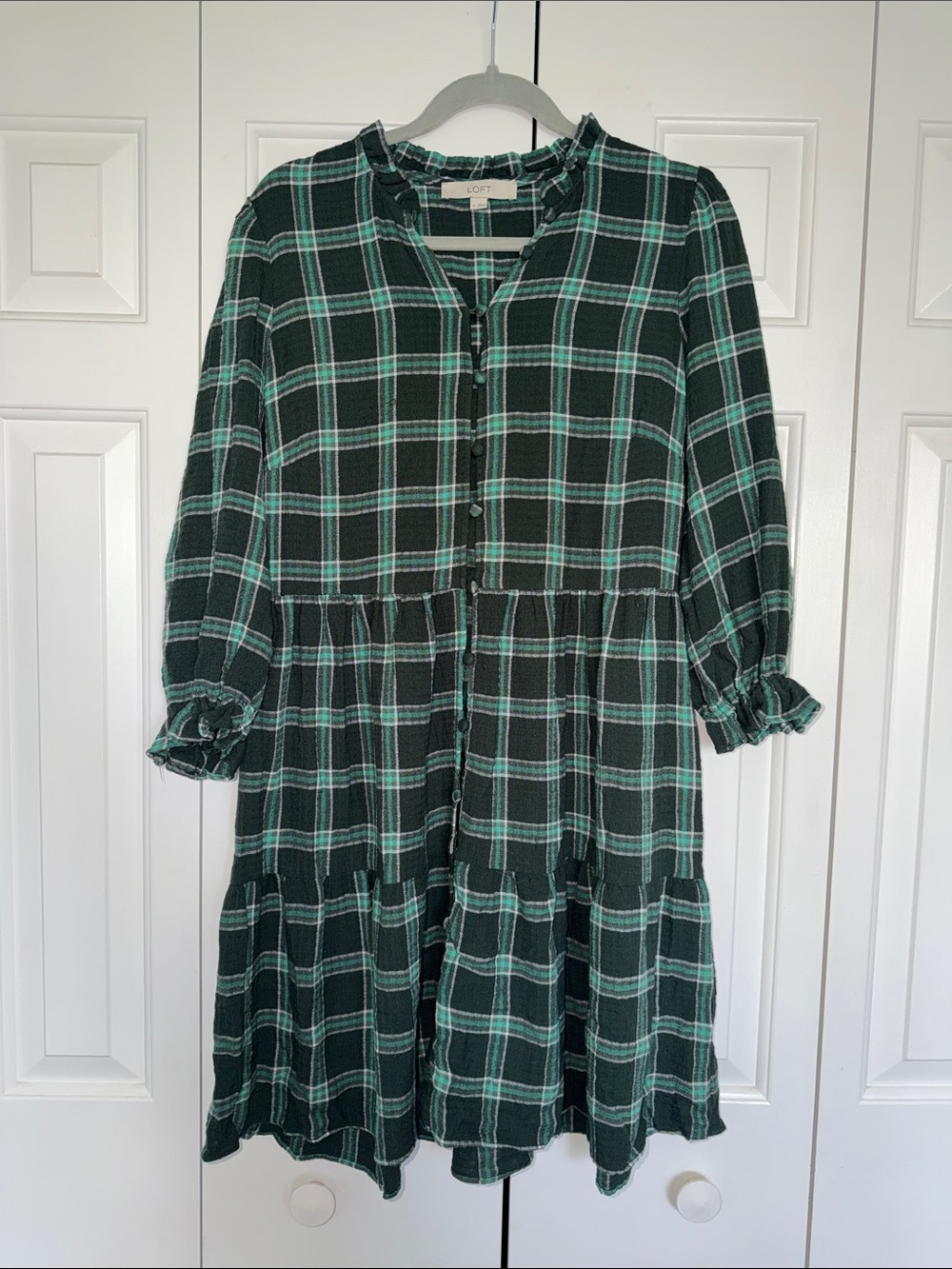 LOFT Teal and Green Plaid Button-Front Tiered Long-Sleeve Dress